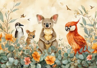 Fototapeta premium Watercolor Australian Wildlife Animal Set Featuring Kangaroo Koala Kookaburra Kingfisher Cassowary Echidna Eucalyptus