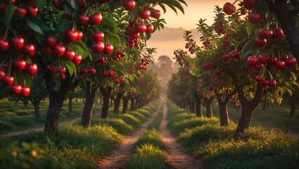 Naklejka premium Ripening cherries on the tree in an orchard.