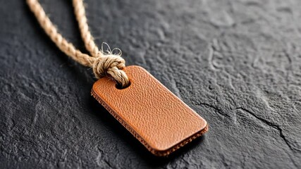 Close-up of a textured leather tag with twine on a dark stone surface, ideal for branding