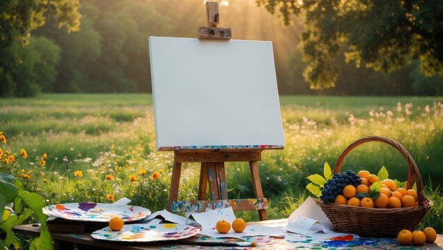 Picnic basket filled with fruit on a picnic blanket in the garden, with a painting easel and canvas frame nearby, surrounded by colorful flowers blooming in the blurred background.