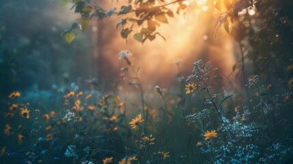 Sunlight filters through trees, illuminating wildflowers in a serene forest setting, with warm, golden hues..