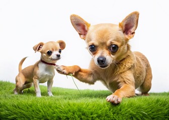 Obraz premium Adorable Chihuahua Puppy Plays Tug-of-War with Teddy Bear - Aerial View