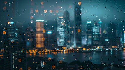 A view of a city at night through a rain-streaked window, with vibrant lights creating a bokeh effect and a blurred skyline..