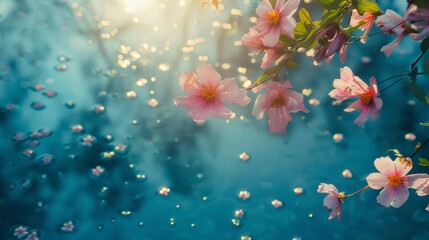 Delicate pink flowers float on water, surrounded by reflections of sunlight, creating a magical and dreamy atmosphere..