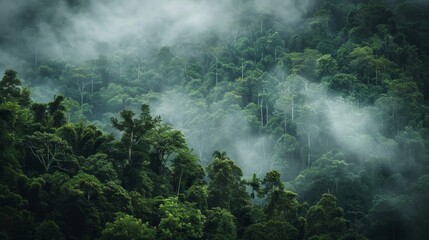 A lush green forest surrounded by mist, with tall trees and a tranquil atmosphere, evoking a sense of mystery..