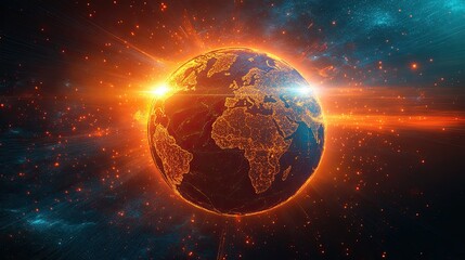 Fototapeta premium A vibrant stylized globe with orange and blue continents shines with radiant light rays. 