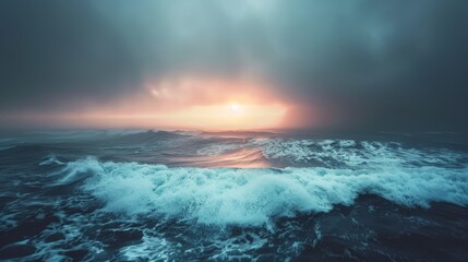 Obraz premium A dramatic view of ocean waves crashing with a sunset glowing through dark storm clouds, creating a powerful and moody atmosphere..