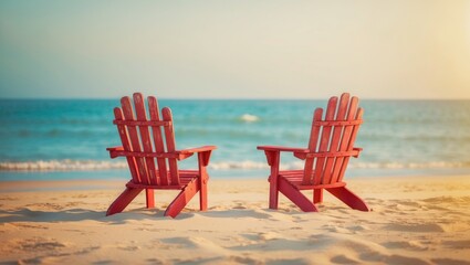 Retirement goals and financial planning representation featuring two vacant chairs on a sandy beach with an ocean backdrop as a business idea for future successful investment strategy.
