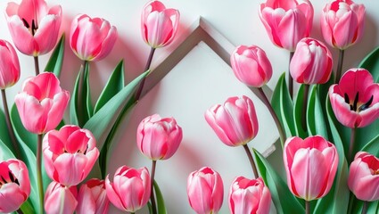 Obraz premium Beautiful white and pink tulip flower in the garden for backdrop template.