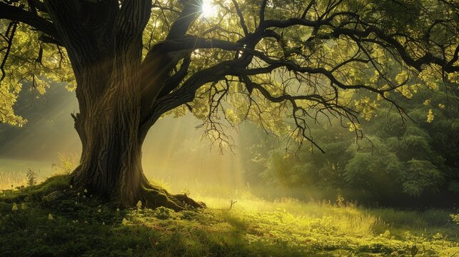 Sunlight filters through the branches of a large tree, casting golden rays and creating a beautiful, peaceful scene..