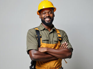 A confident construction worker smiles while wearing a hard hat and safety gear, showcasing a blend of professionalism and modern technology in the workplace environment