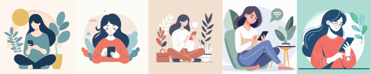 a set of vector women playing with mobile phones