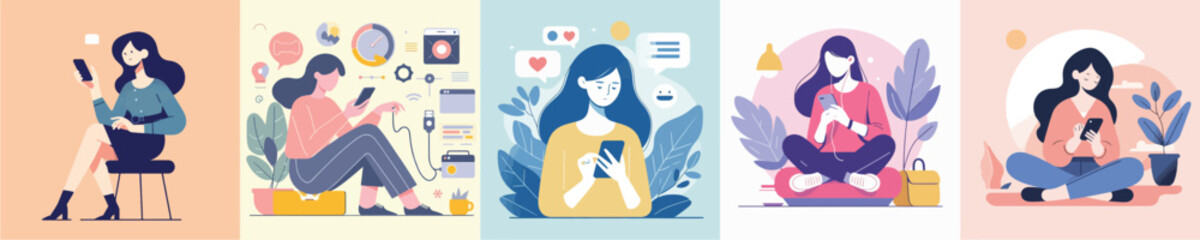 a set of vector women playing with mobile phones