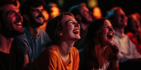 Group of people laughing at stand up comedy performance. Men and women with excited expressions on their faces.