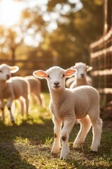 Adorable lambs on the farm on warm and sunny summer day. Countryside rural landscape. Sheep grazing near wooden fence.