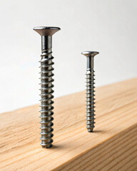 Close-Up of Metal Screws on Wooden Surface, Displaying Different Sizes and Designs