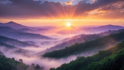 Naklejka premium Stunning mountain landscape at sunrise. View of misty hills blanketed by forest. Filtered photograph.