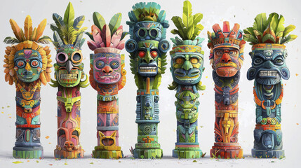 Colorful totem poles with intricate designs and tropical elements, showcasing vibrant artistry and cultural significance