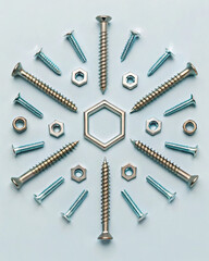 Arrangement of Various Screws, Nuts, and a Hexagon Shape on a Light Background