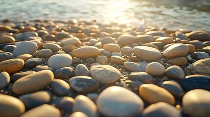 Obraz premium Sunset beach pebbles texture, ocean background, serene scene