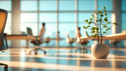 Blurred background of a beautiful light modern office featuring interior design with indoor plants.