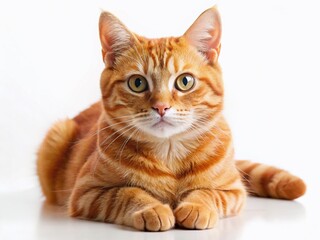 Obraz premium Adorable Orange Tabby Cat Lying Down, Isolated White Background - Cute Pet Stock Photo