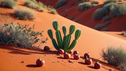 Ripened bitter desert apples contrast with vibrant red sand, prized for their strong medicinal properties. Ancient remedies utilize their extract for healing. The concept of traditional medicine.
