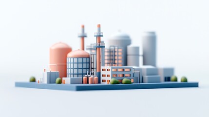 Obraz premium A simplified 3D representation of an industrial facility, featuring tall chimneys, storage tanks, and various interconnected structures in soft colors.