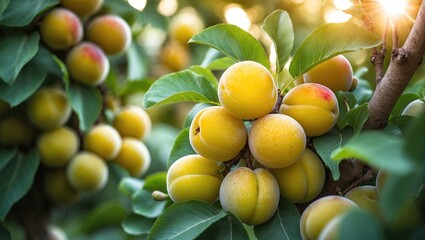 Ripe yellow plums growing on a tree.