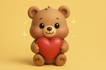 Naklejka premium Cute bear holding red heart, smiling joyfully against bright yellow background, radiating warmth and affection