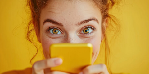 Young woman holding a phone near her face on bright solid background. A girl hiding behind her smart phone.