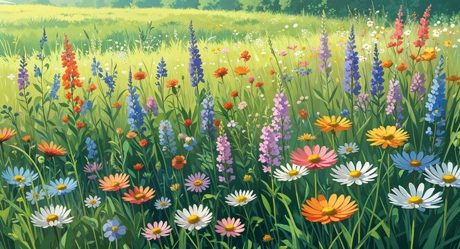 A blooming wildflower meadow with a variety of colors and fresh bright green grass around anime cartoon style illustration artwork design background