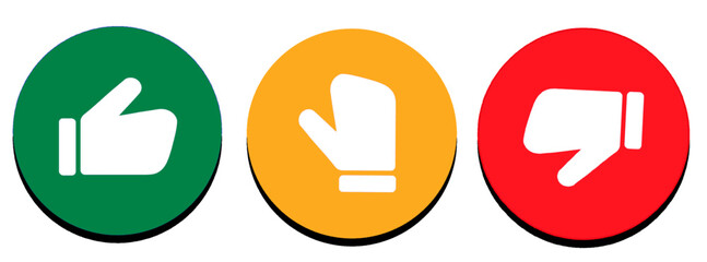 Like, neutral, dislike icon symbol in circle with red, yellow, green color on white background. Thumbs up, middle, thumbs down vector illustration. Suitable design for feedback and rating icon set.