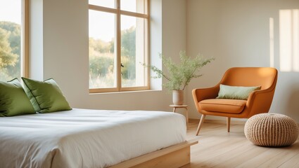 Elegant bedroom featuring an armchair, bedside table, tree, and cozy bed.