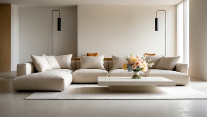Trendy modern interior decor of a spacious studio featuring white and beige hues with large floor-to-ceiling windows. Area of white kitchen equipped with an island and a relaxation zone.