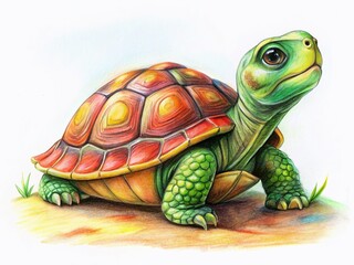Fototapeta premium Adorable Turtle Drawing on Ground - Cute Reptile Illustration, Childrens Book, Nature Art