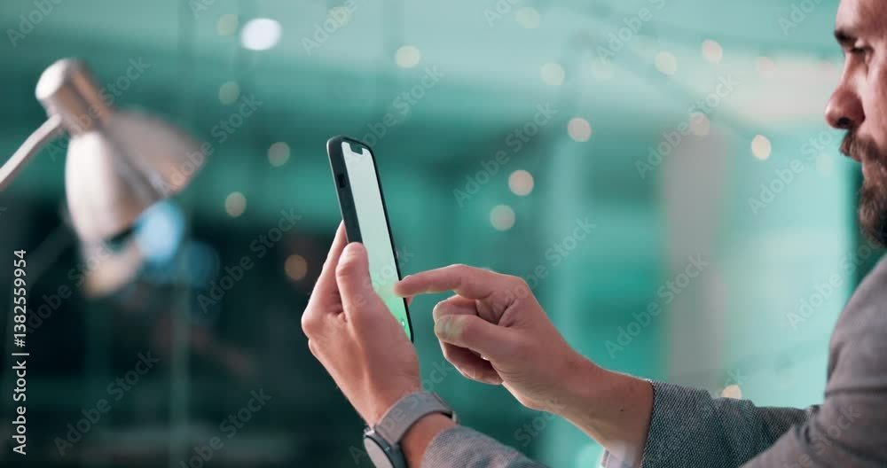 Aufkleber business, employee and man with smartphone, browsing and serious with tech for project and digital. 