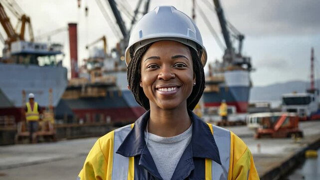 Seaport Worker: Portrait of a skilled female worker in her maritime environment, beaming with confidence and purpose in a bustling industrial setting.
