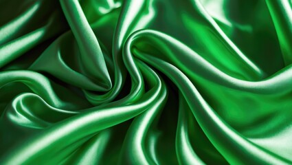 Fototapeta premium Blur green fabric glimmers gently under light, creating soft ripples and folds that add depth to the textile. The surface suggests a luxurious, satin appearance.