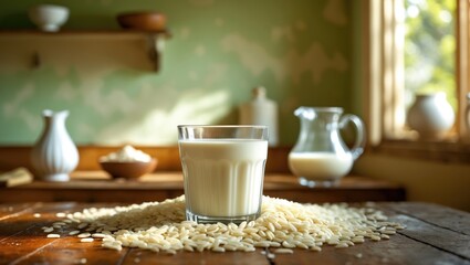 Rice drink in jars on a wooden table in a kitchen. Alternative milk. Front view. Horizontal layout.