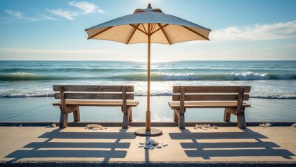 Relaxing picnic spot by the seaside featuring wooden benches and a closed umbrella.