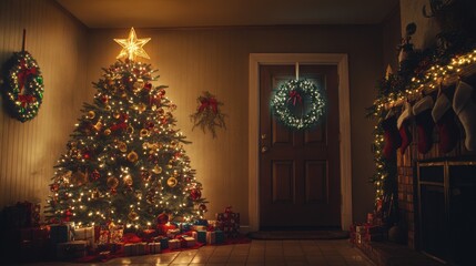 cozy christmas home interior with decorated tree and fireplace