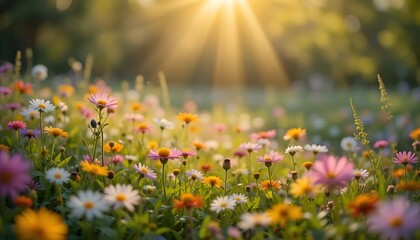Obraz premium Colorful Summer Flower Meadow with Sunbeams and Bokeh Lights Creating a Magical S
