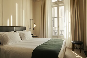Fototapeta premium Luxurious hotel bedroom with comfortable bedding and natural sunlight