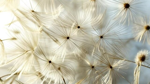 Whispers of the Wind: Delicate close-up captures ethereal details of dandelion seed heads. Evokes feeling of fragility, hope and the transient nature of beauty.