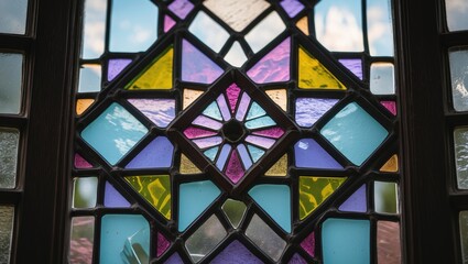 Vintage stained glass window featuring a geometric pattern and frame.