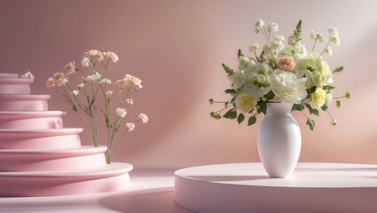 Front view of a wooden podium shaped like a ladder, adorned with daisies and props against a pastel background. Space for advertising and product display.