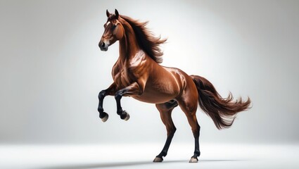Bay horse rearing up against a black background.