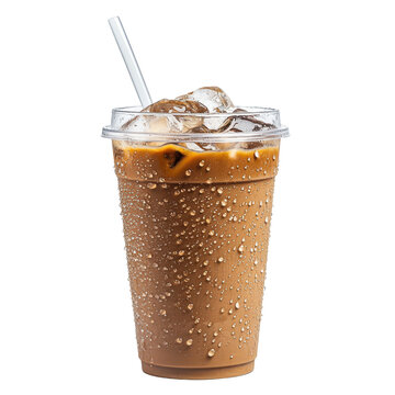 Refreshing iced coffee in plastic cup with clear lid and condensation details on transparent background