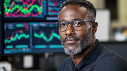 Fototapeta premium Portrait of a man with glasses, speckled face, and serious expression, seated before computer screens displaying financial data.
